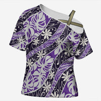 Vareau Tahiti Tiare Monstera Cross Shoulder Shirt Polynesian Pattern Curve Style LT01 Female Purple - Polynesian Pride
