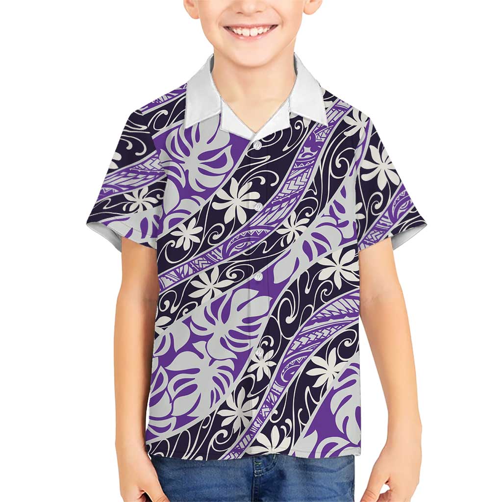 Vareau Tahiti Tiare Monstera Kid Hawaiian Shirt Polynesian Pattern Curve Style LT01 Kid Purple - Polynesian Pride