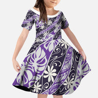 Vareau Tahiti Tiare Monstera Kid Short Sleeve Dress Polynesian Pattern Curve Style LT01 KID Purple - Polynesian Pride