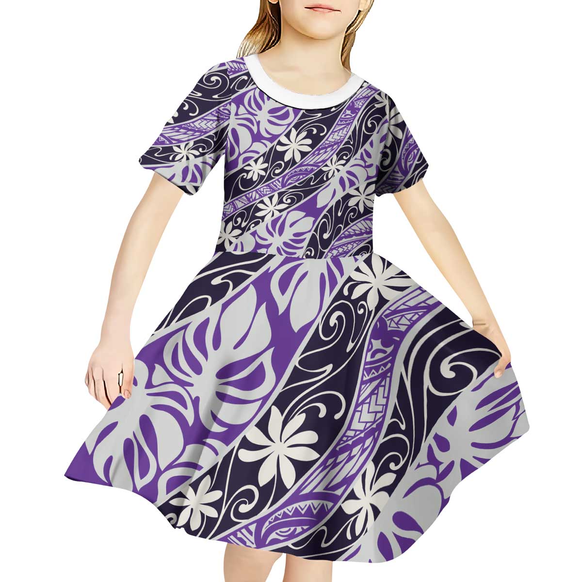 Vareau Tahiti Tiare Monstera Kid Short Sleeve Dress Polynesian Pattern Curve Style LT01 - Polynesian Pride