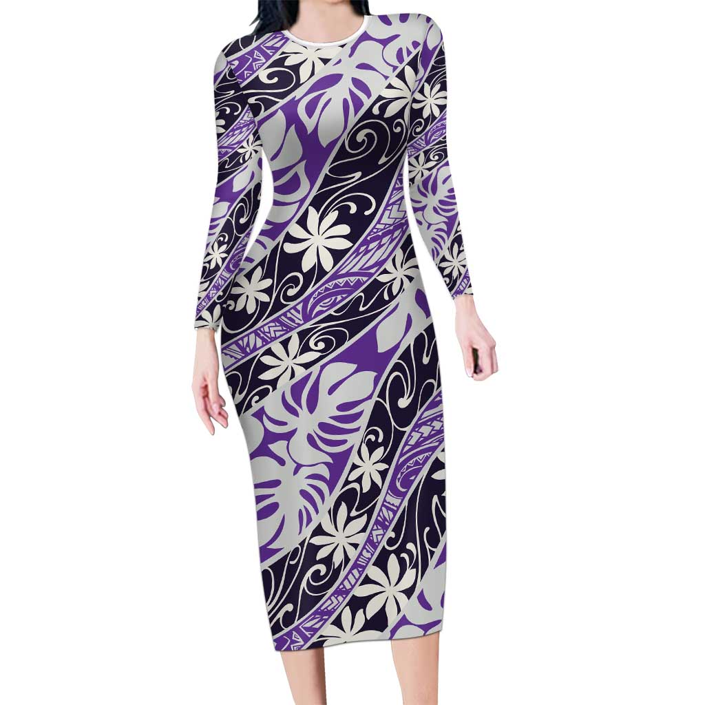 Vareau Tahiti Tiare Monstera Long Sleeve Bodycon Dress Polynesian Pattern Curve Style LT01 Long Dress Purple - Polynesian Pride
