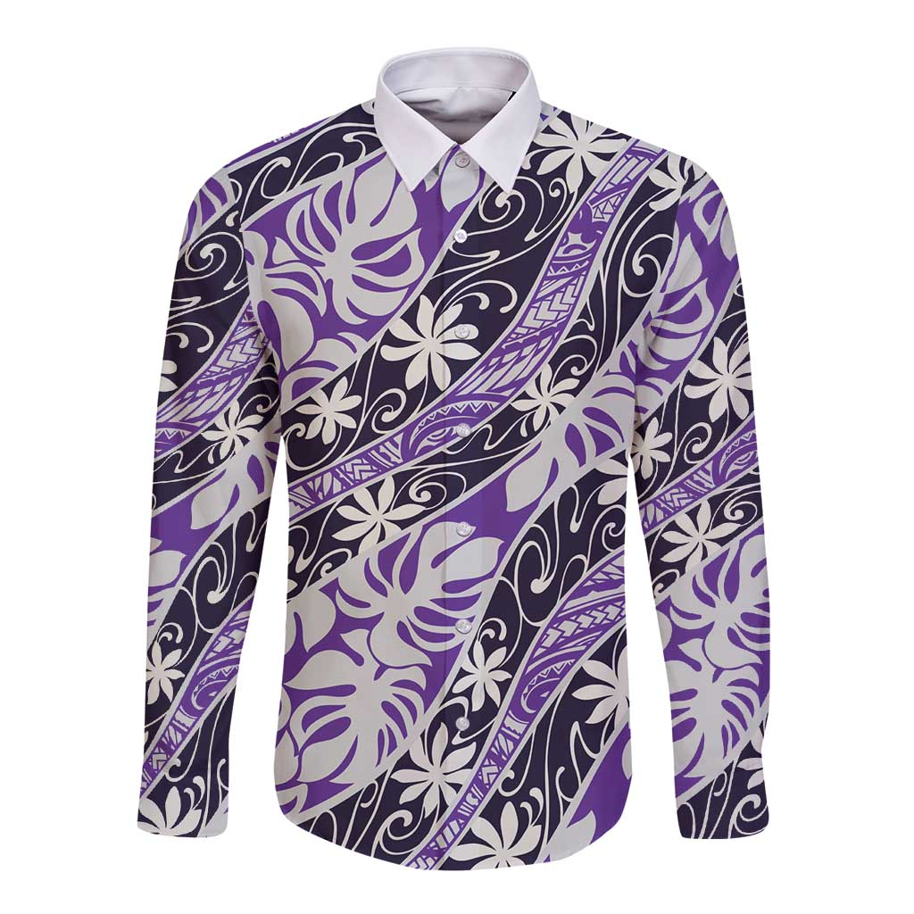 Vareau Tahiti Tiare Monstera Long Sleeve Button Shirt Polynesian Pattern Curve Style LT01 Unisex Purple - Polynesian Pride