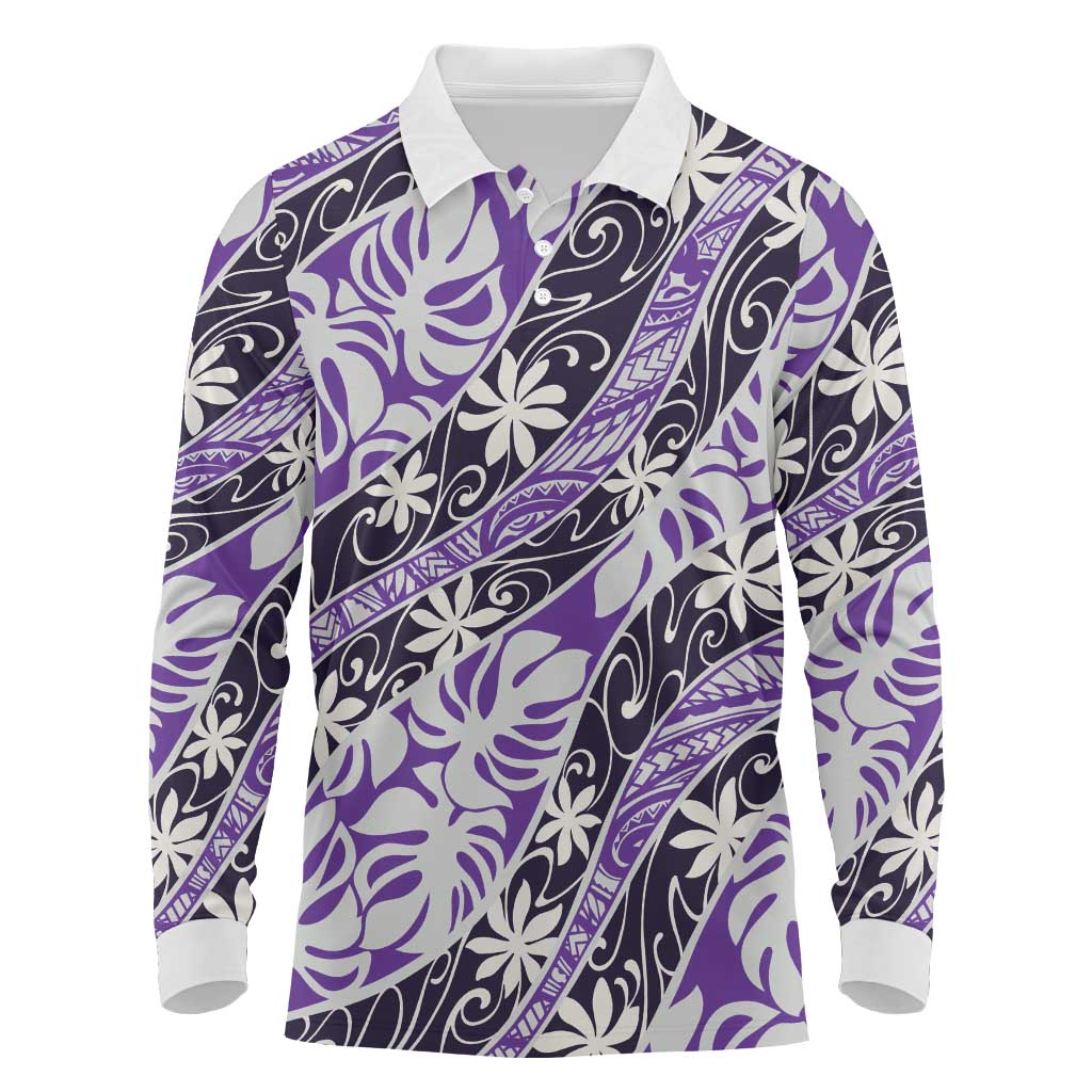 Vareau Tahiti Tiare Monstera Long Sleeve Polo Shirt Polynesian Pattern Curve Style LT01 Purple - Polynesian Pride