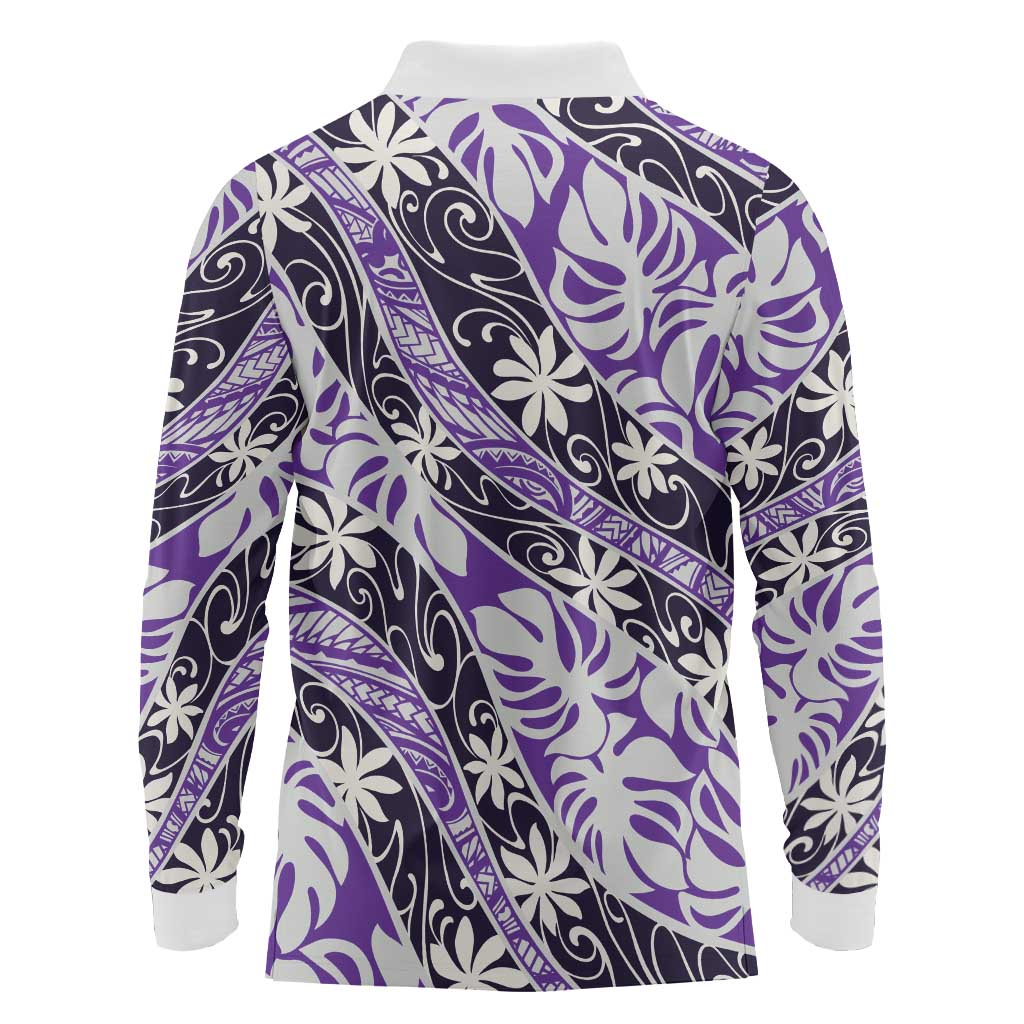 Vareau Tahiti Tiare Monstera Long Sleeve Polo Shirt Polynesian Pattern Curve Style LT01 - Polynesian Pride