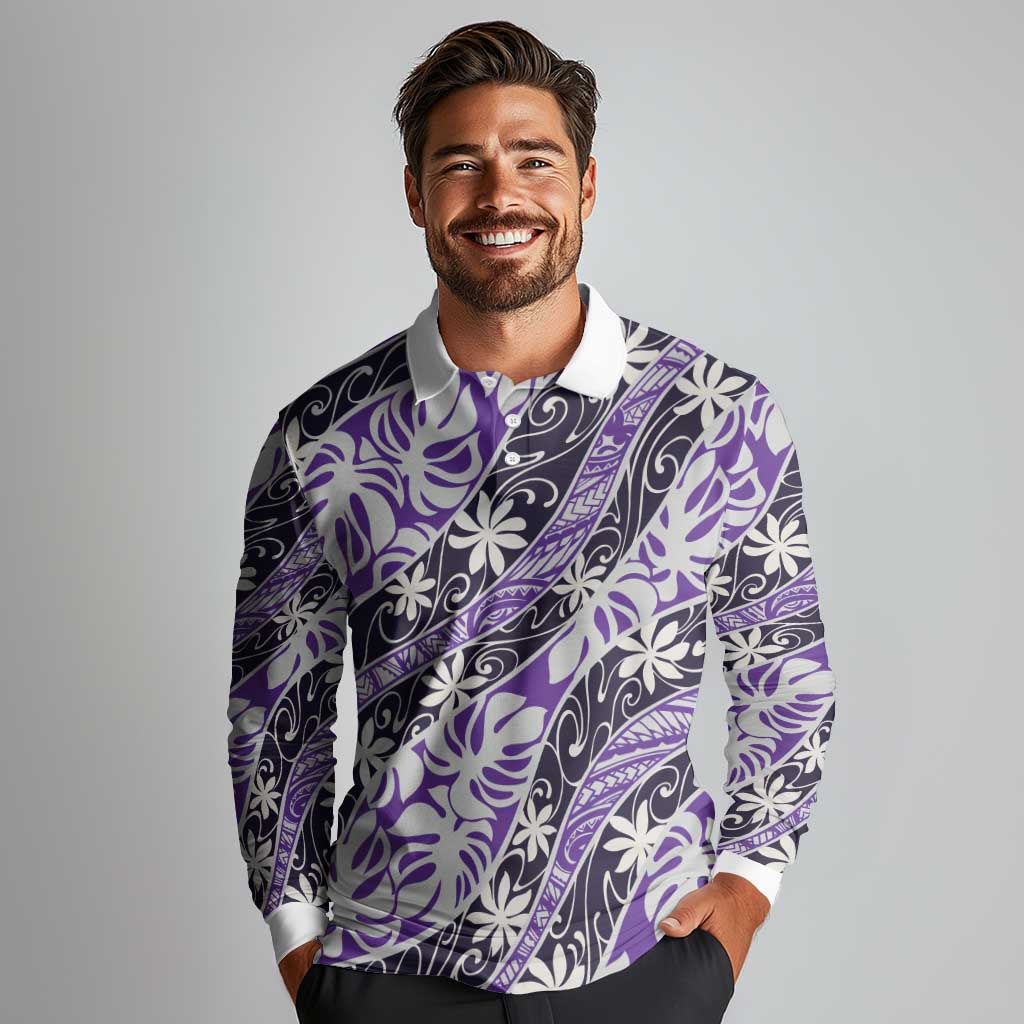 Vareau Tahiti Tiare Monstera Long Sleeve Polo Shirt Polynesian Pattern Curve Style LT01 - Polynesian Pride