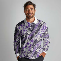 Vareau Tahiti Tiare Monstera Long Sleeve Polo Shirt Polynesian Pattern Curve Style LT01 - Polynesian Pride