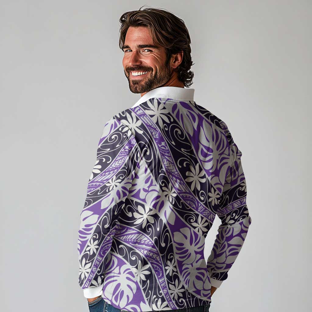 Vareau Tahiti Tiare Monstera Long Sleeve Polo Shirt Polynesian Pattern Curve Style LT01 - Polynesian Pride
