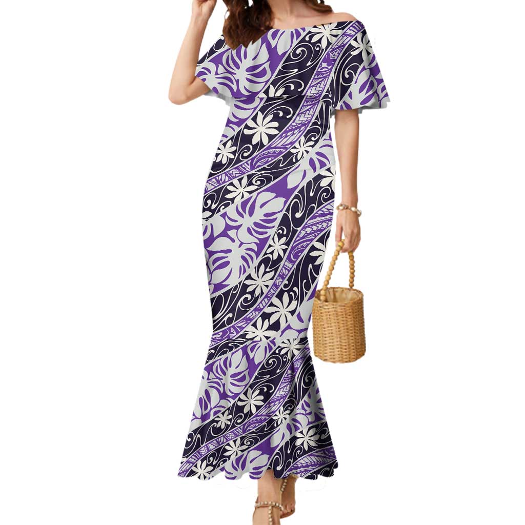 Vareau Tahiti Tiare Monstera Mermaid Dress Polynesian Pattern Curve Style LT01 Women Purple - Polynesian Pride