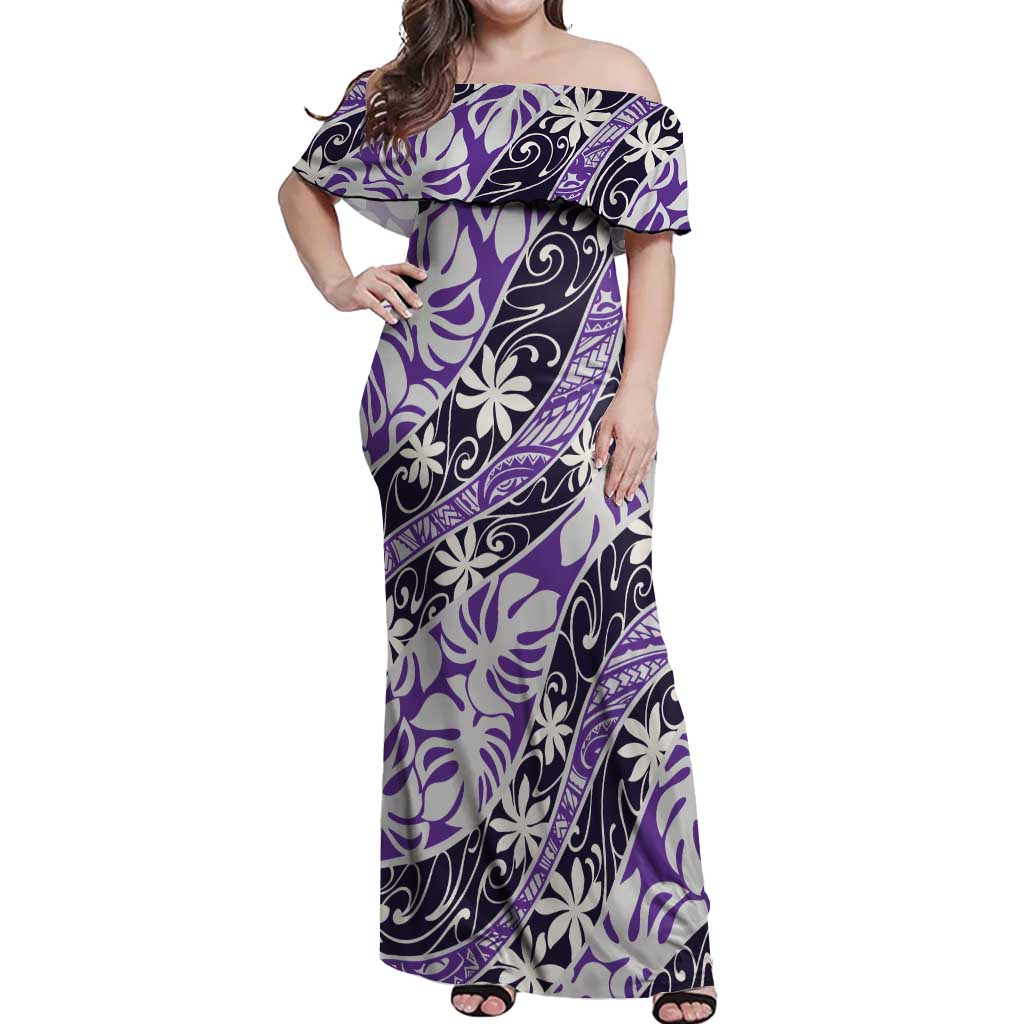 Vareau Tahiti Tiare Monstera Off Shoulder Maxi Dress Polynesian Pattern Curve Style LT01 Women Purple - Polynesian Pride