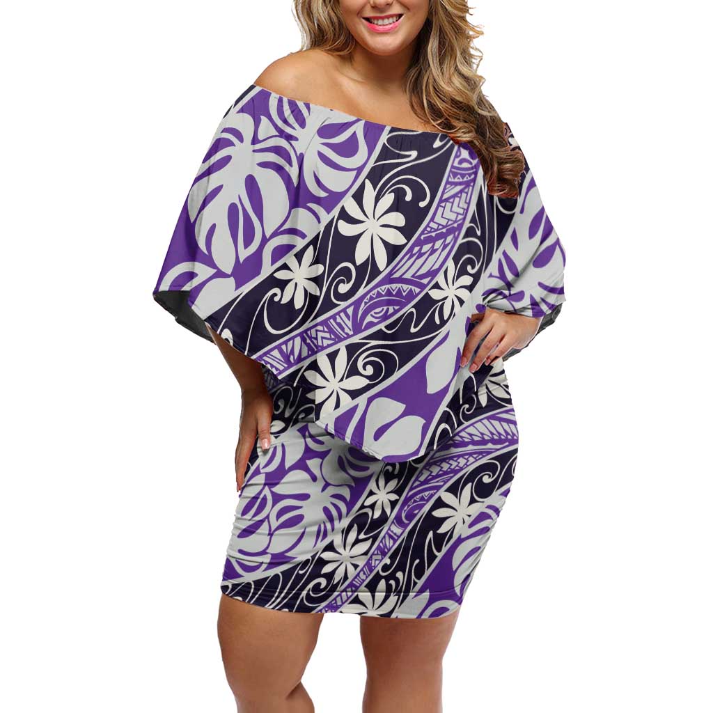 Vareau Tahiti Tiare Monstera Off Shoulder Short Dress Polynesian Pattern Curve Style LT01 Women Purple - Polynesian Pride