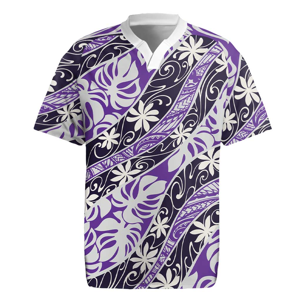 Vareau Tahiti Tiare Monstera Rugby Jersey Polynesian Pattern Curve Style LT01 Purple - Polynesian Pride