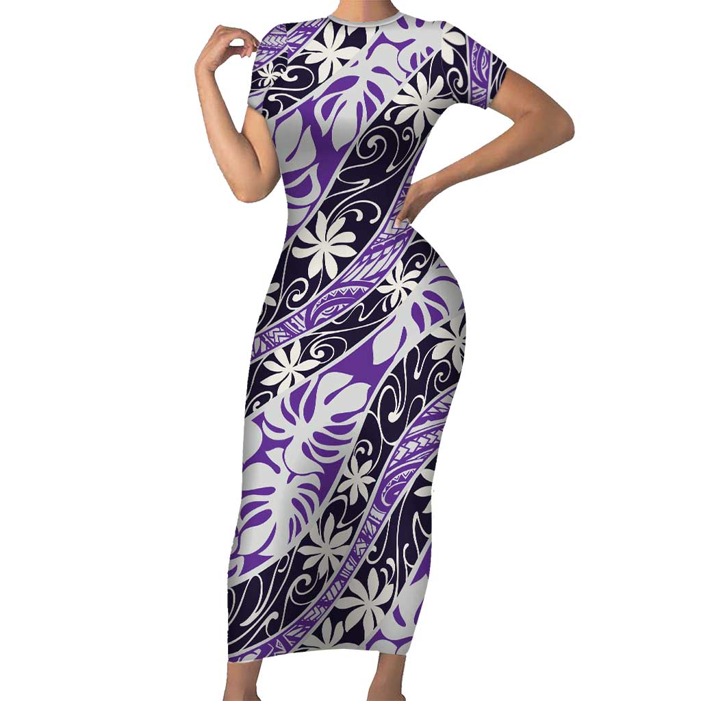 Vareau Tahiti Tiare Monstera Short Sleeve Bodycon Dress Polynesian Pattern Curve Style LT01 Long Dress Purple - Polynesian Pride