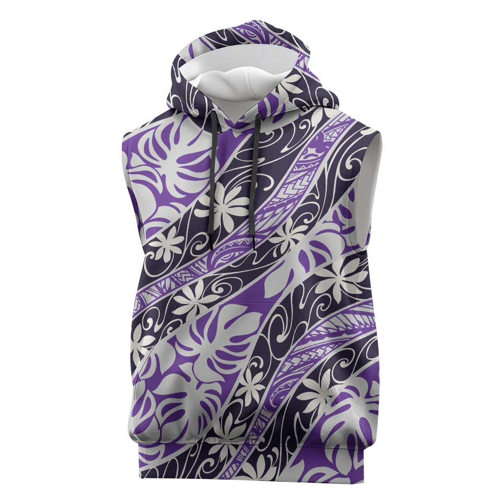Vareau Tahiti Tiare Monstera Sleeveless Hoodie Polynesian Pattern Curve Style LT01 Purple - Polynesian Pride