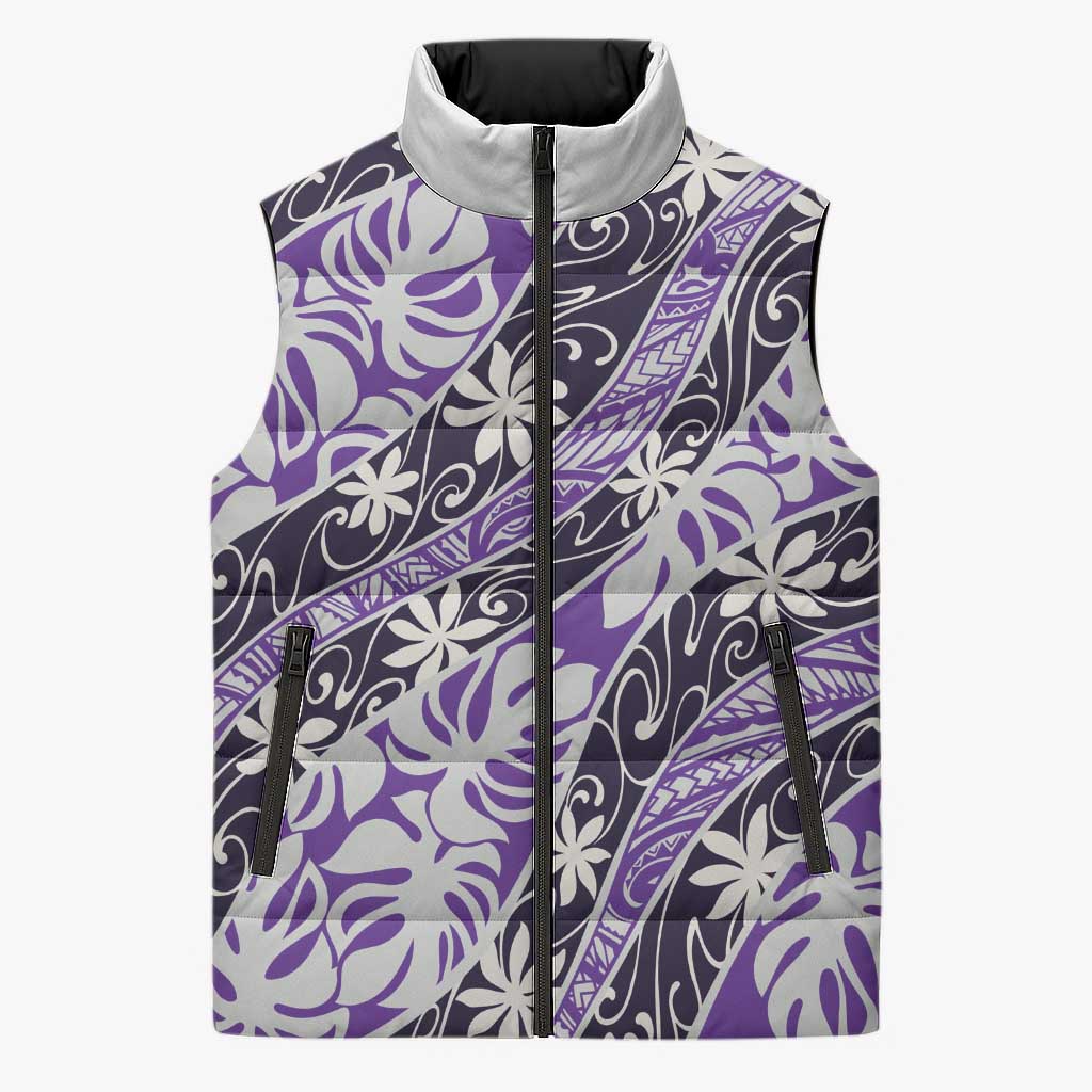 Vareau Tahiti Tiare Monstera Sleeveless Puffer Jacket Polynesian Pattern Curve Style LT01 Unisex Purple - Polynesian Pride