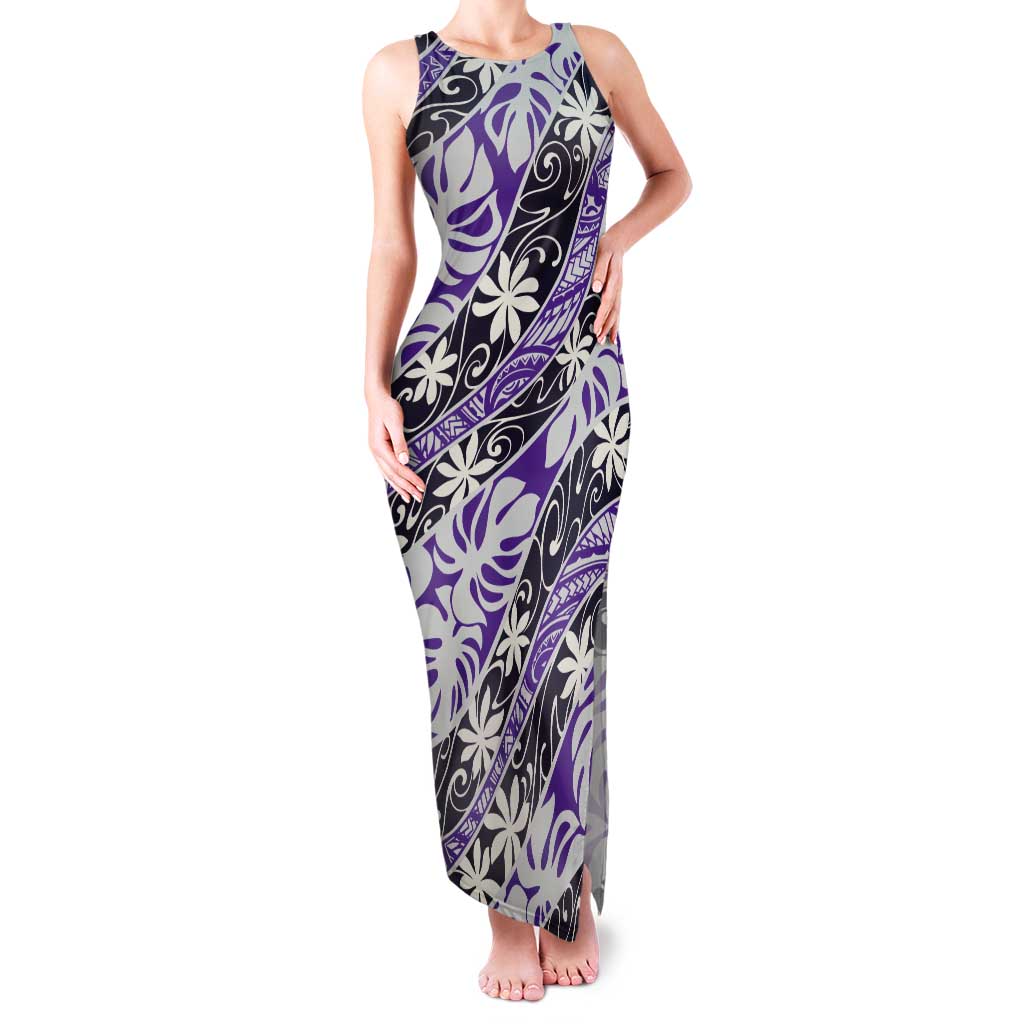 Vareau Tahiti Tiare Monstera Tank Maxi Dress Polynesian Pattern Curve Style LT01 Women Purple - Polynesian Pride