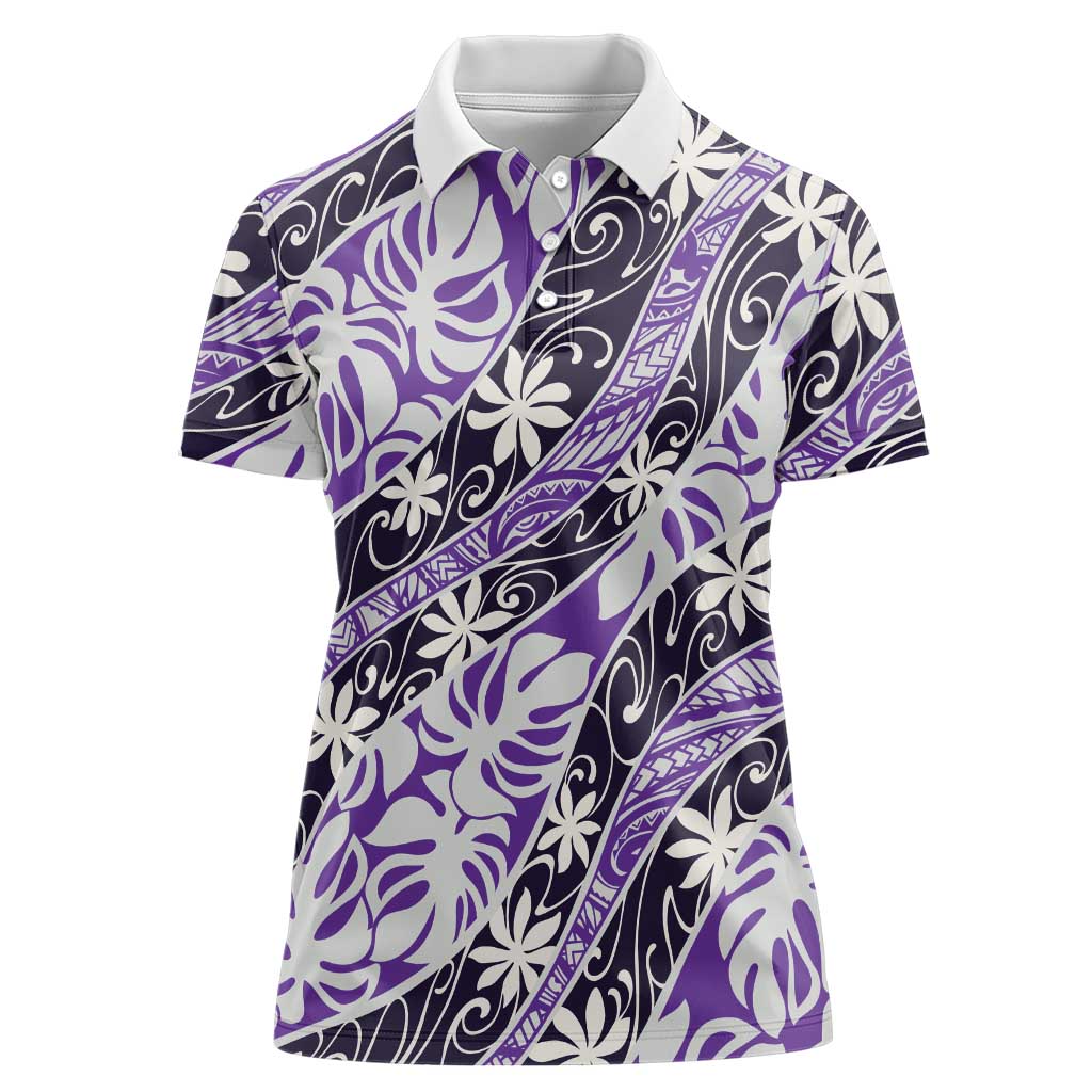 Vareau Tahiti Tiare Monstera Women Polo Shirt Polynesian Pattern Curve Style LT01 Female Purple - Polynesian Pride