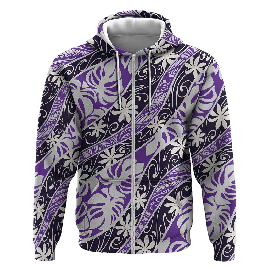 Vareau Tahiti Tiare Monstera Zip Hoodie Polynesian Pattern Curve Style LT01 Zip Hoodie Purple - Polynesian Pride