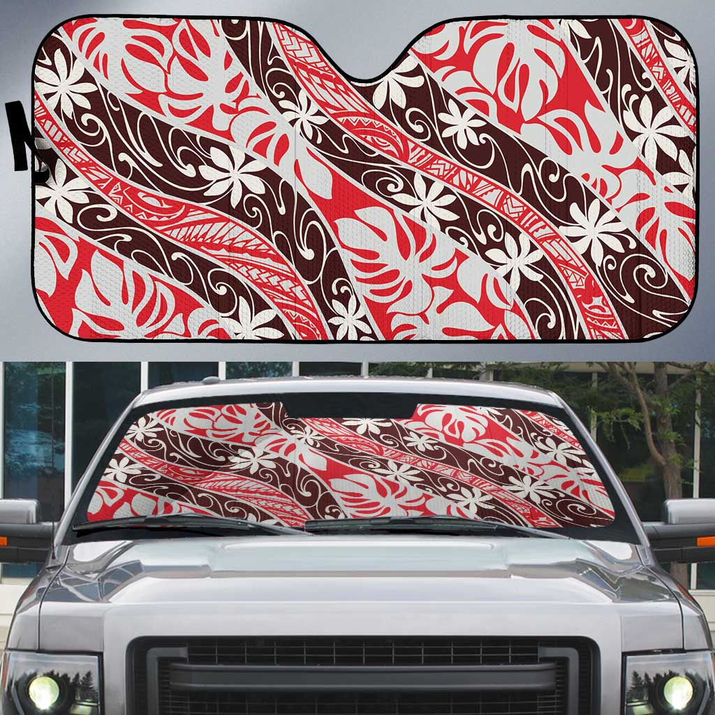 Uteute Tahiti Tiare Monstera Auto Sun Shade Polynesian Pattern Curve Style LT01 Red - Polynesian Pride