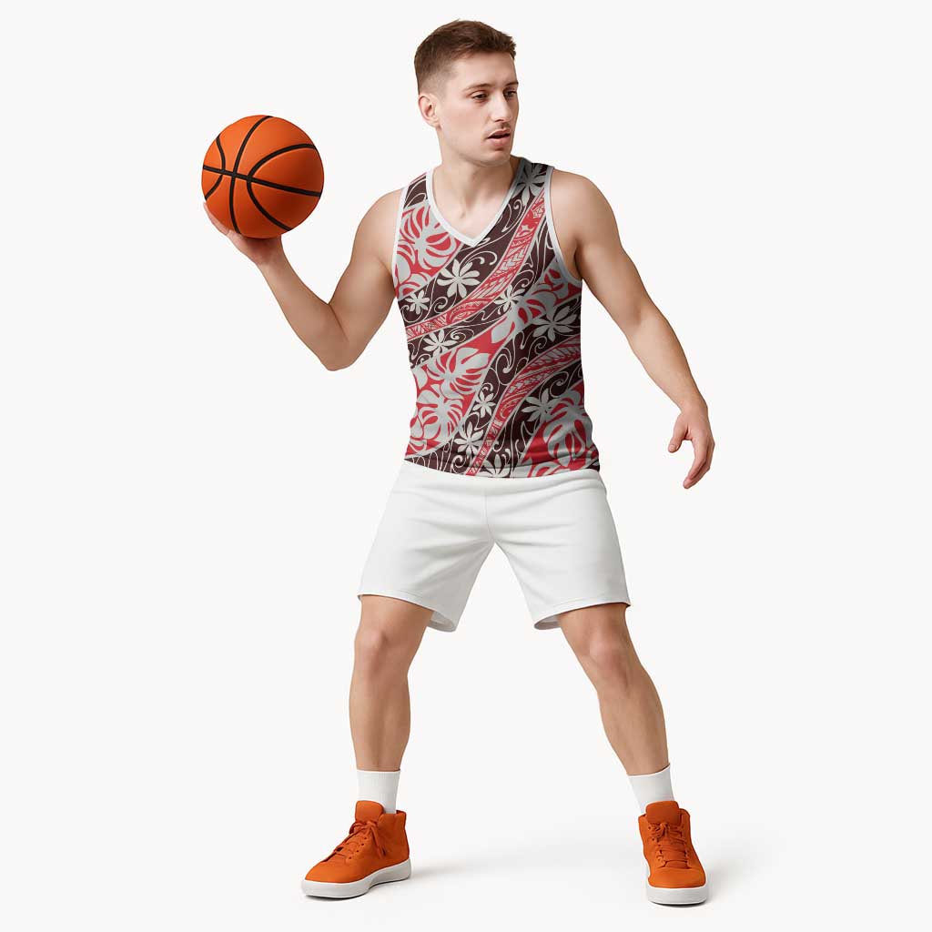 Uteute Tahiti Tiare Monstera Basketball Jersey Polynesian Pattern Curve Style LT01 - Polynesian Pride