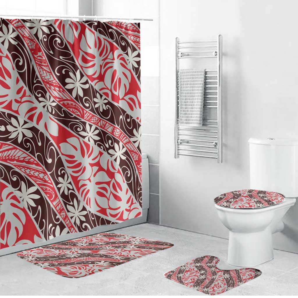 Uteute Tahiti Tiare Monstera Bathroom Set Polynesian Pattern Curve Style LT01 Bathroom Set (4 pcs) Red - Polynesian Pride