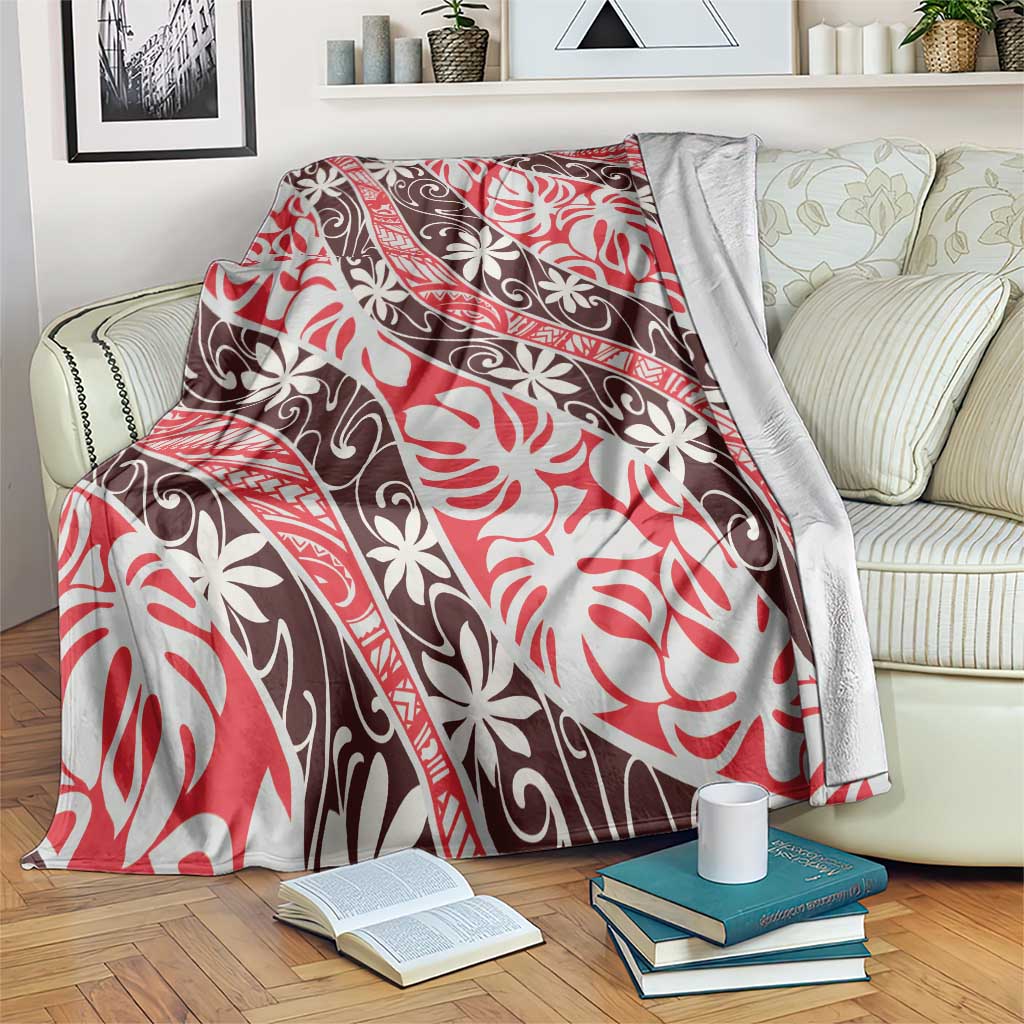 Uteute Tahiti Tiare Monstera Blanket Polynesian Pattern Curve Style LT01 Red - Polynesian Pride