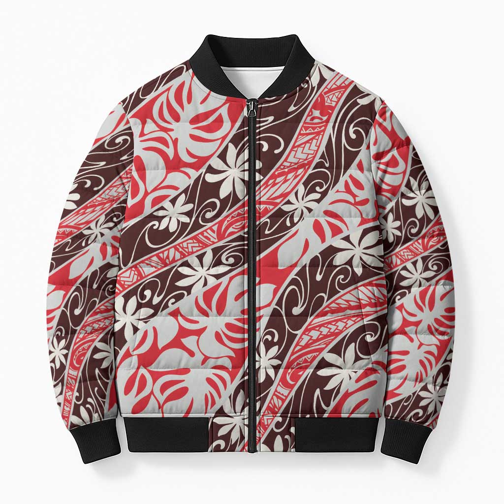 Uteute Tahiti Tiare Monstera Bomber Puffer Jacket Polynesian Pattern Curve Style LT01 Unisex Red - Polynesian Pride
