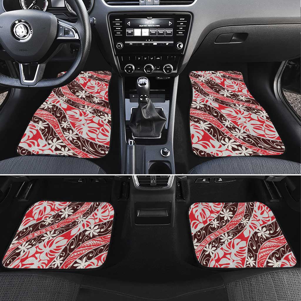 Uteute Tahiti Tiare Monstera Car Mats Polynesian Pattern Curve Style LT01 Set 4pcs Red - Polynesian Pride