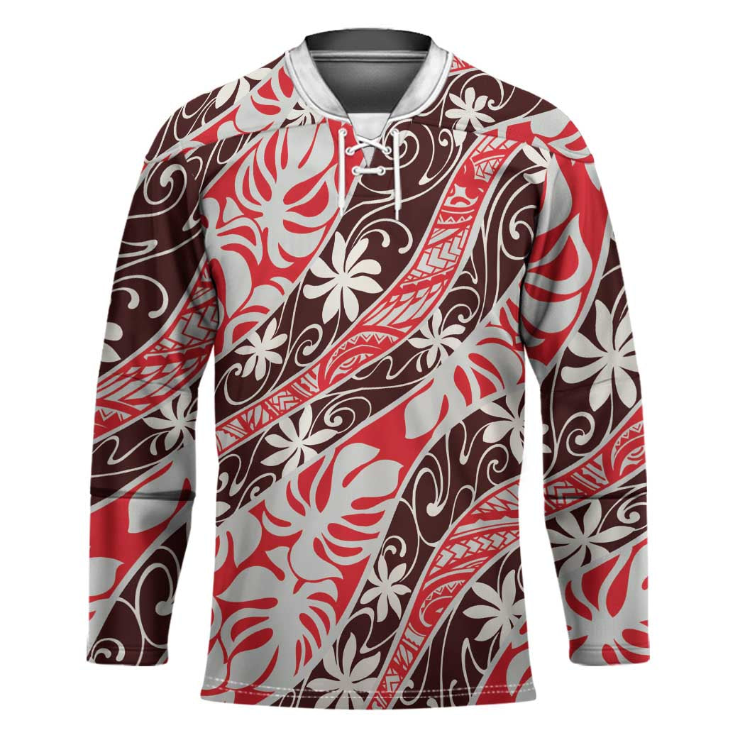 Uteute Tahiti Tiare Monstera Hockey Jersey Polynesian Pattern Curve Style LT01 Unisex Red - Polynesian Pride