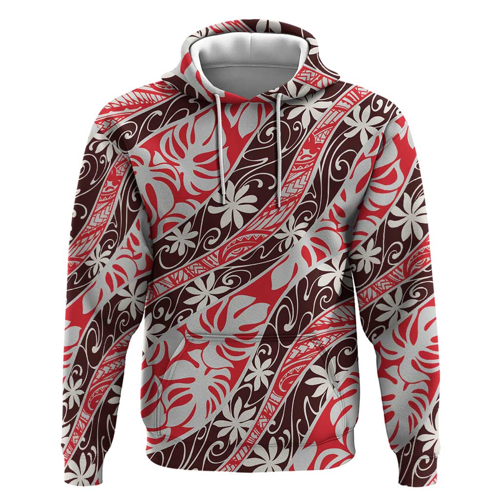 Uteute Tahiti Tiare Monstera Hoodie Polynesian Pattern Curve Style LT01 Pullover Hoodie Red - Polynesian Pride