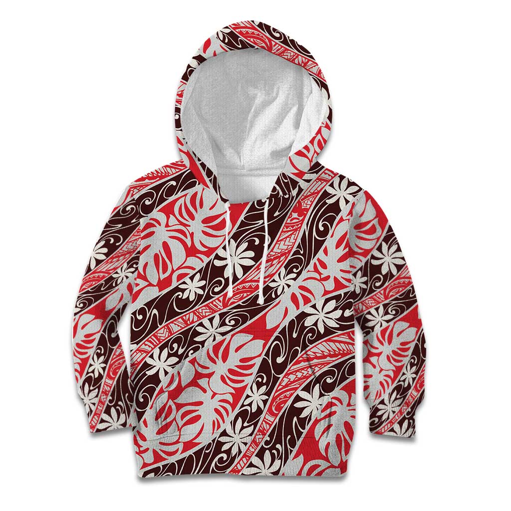 Uteute Tahiti Tiare Monstera Kid Hoodie Polynesian Pattern Curve Style LT01 Hoodie Red - Polynesian Pride