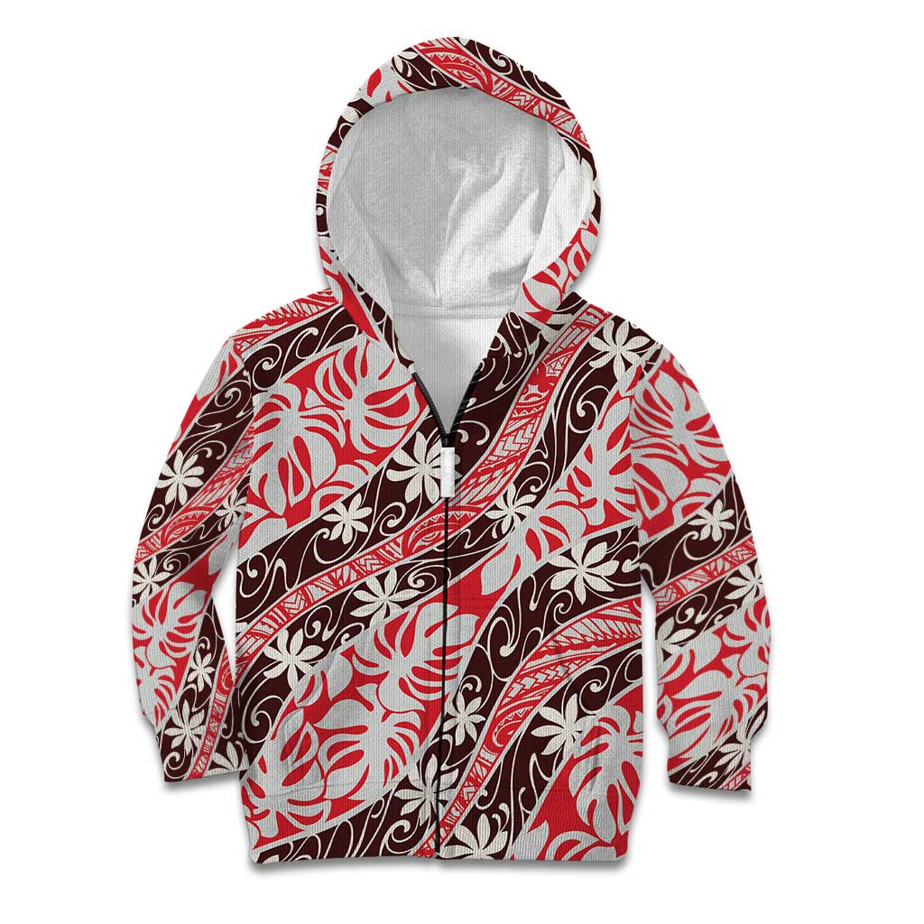 Uteute Tahiti Tiare Monstera Kid Hoodie Polynesian Pattern Curve Style LT01 Zip Hoodie Red - Polynesian Pride