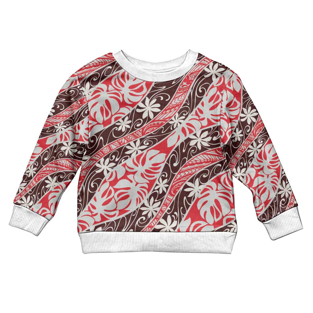 Uteute Tahiti Tiare Monstera Kid Ugly Christmas Sweater Polynesian Pattern Curve Style LT01 Kid Red - Polynesian Pride