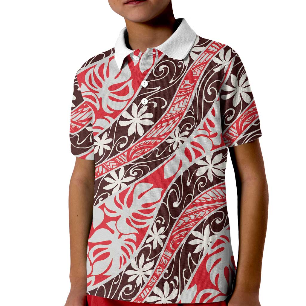 Uteute Tahiti Tiare Monstera Kid Polo Shirt Polynesian Pattern Curve Style LT01 Kid Red - Polynesian Pride