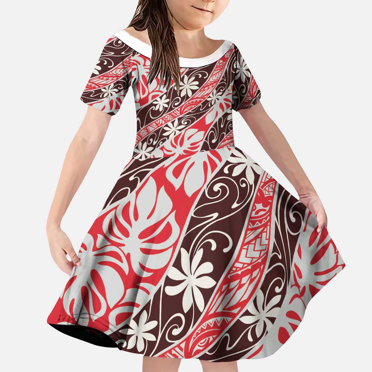 Uteute Tahiti Tiare Monstera Kid Short Sleeve Dress Polynesian Pattern Curve Style LT01 KID Red - Polynesian Pride