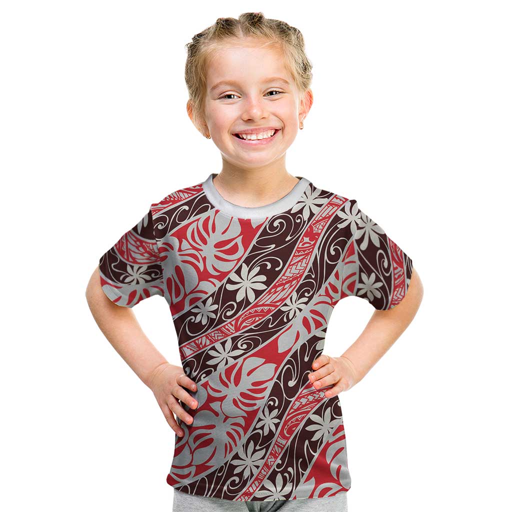 Uteute Tahiti Tiare Monstera Kid T Shirt Polynesian Pattern Curve Style LT01 Red - Polynesian Pride