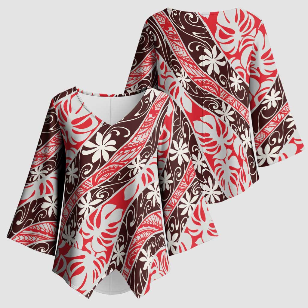 Uteute Tahiti Tiare Monstera Kimono Sleeve Blouse Polynesian Pattern Curve Style LT01 - Polynesian Pride