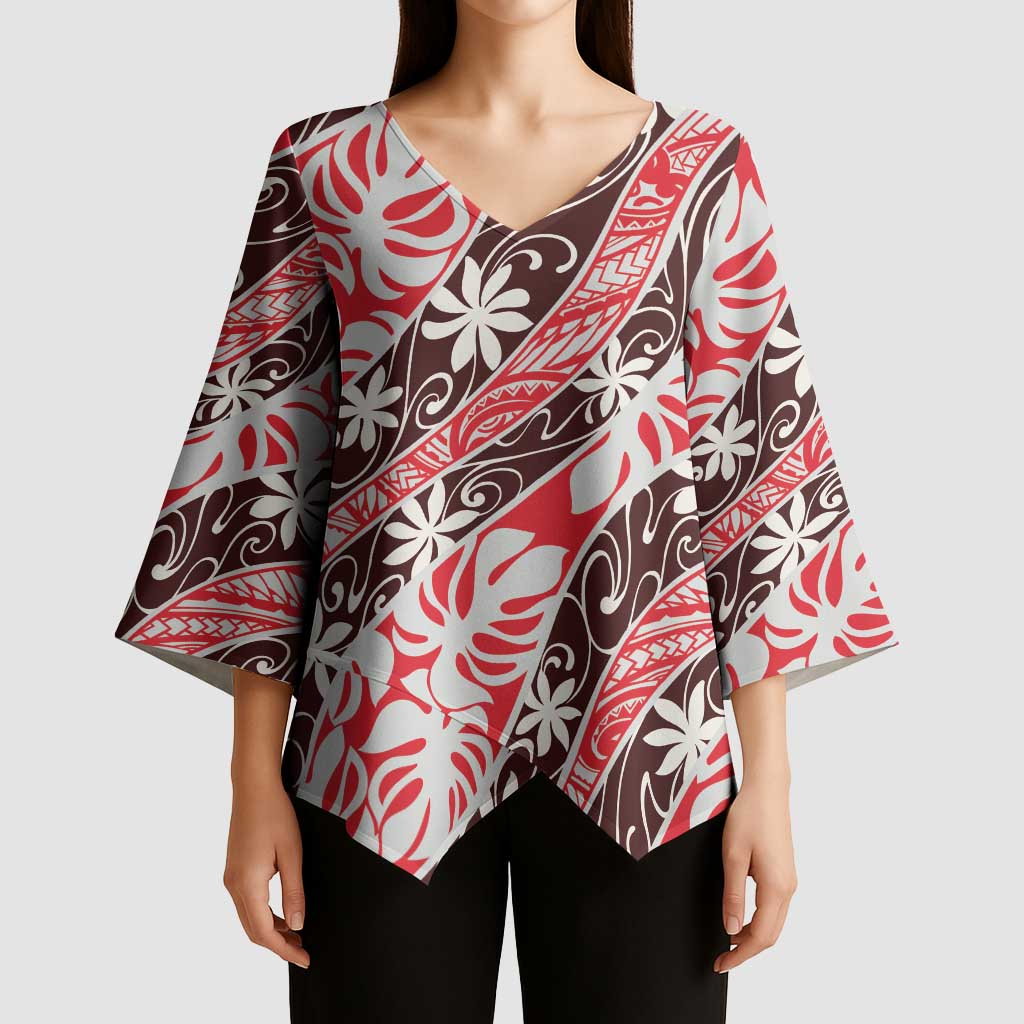 Uteute Tahiti Tiare Monstera Kimono Sleeve Blouse Polynesian Pattern Curve Style LT01 - Polynesian Pride
