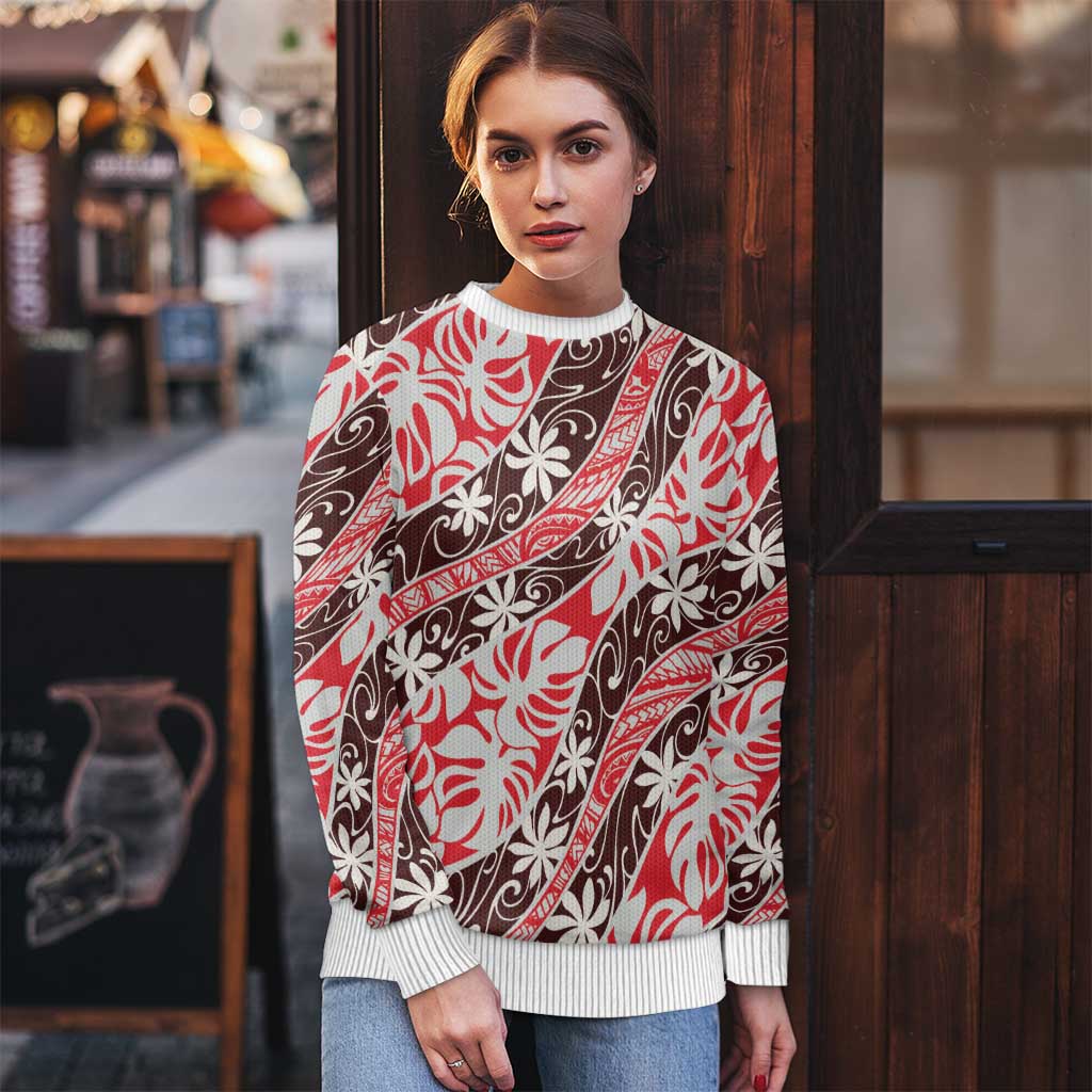 Uteute Tahiti Tiare Monstera Ugly Christmas Sweater Polynesian Pattern Curve Style LT01 - Polynesian Pride