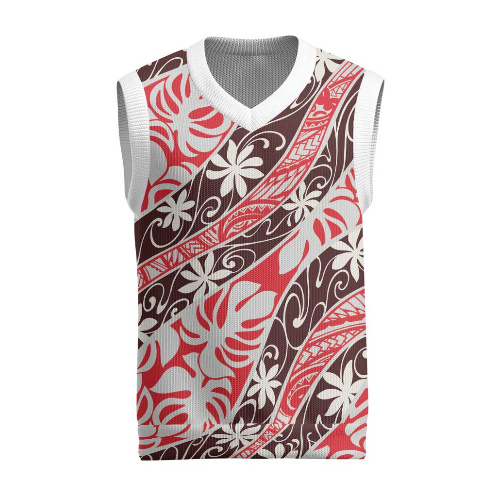 Uteute Tahiti Tiare Monstera Christmas Knitted V-Neck Vest Polynesian Pattern Curve Style LT01 Red - Polynesian Pride