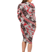 Uteute Tahiti Tiare Monstera Long Sleeve Bodycon Dress Polynesian Pattern Curve Style LT01 - Polynesian Pride