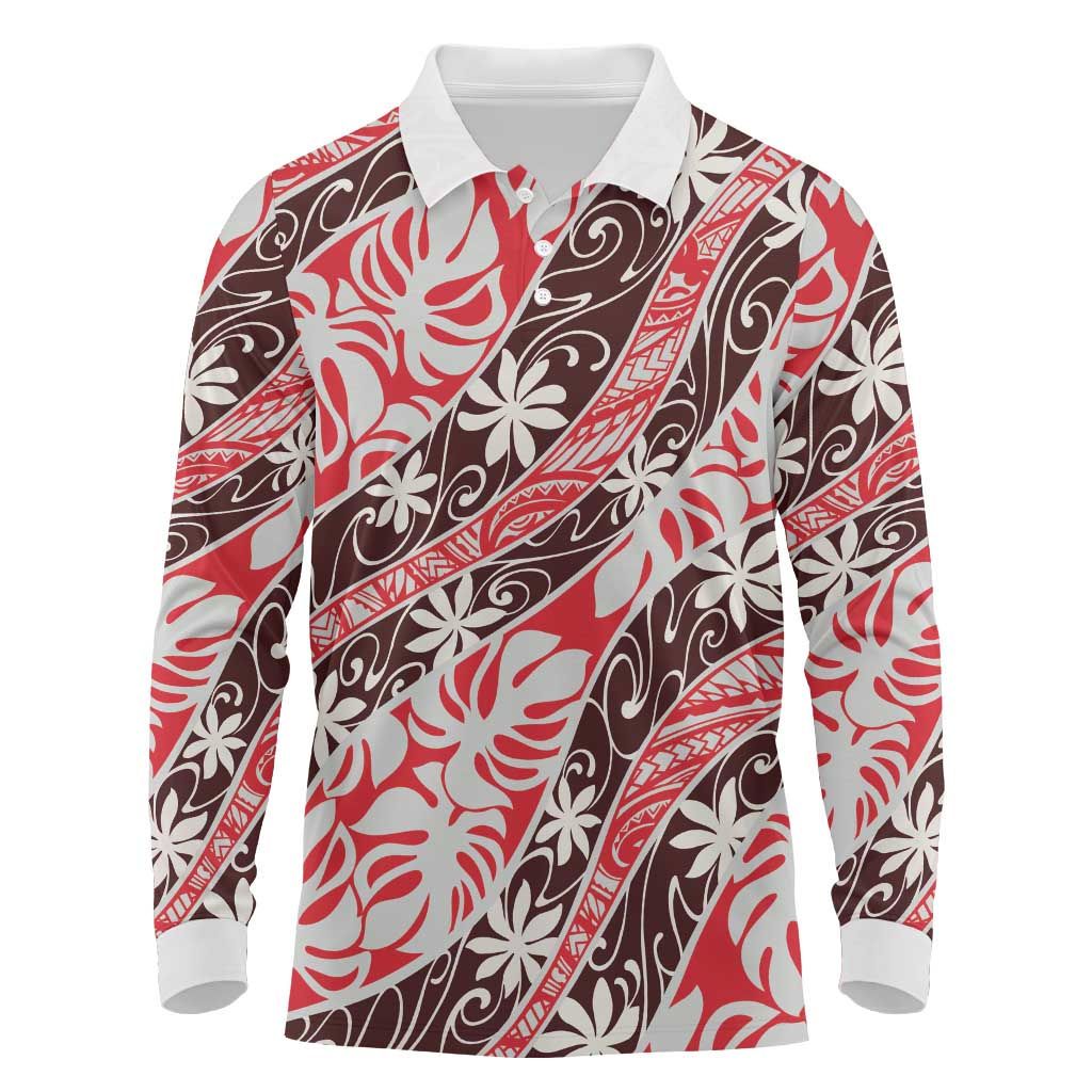 Uteute Tahiti Tiare Monstera Long Sleeve Polo Shirt Polynesian Pattern Curve Style LT01 Red - Polynesian Pride