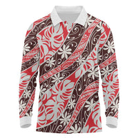 Uteute Tahiti Tiare Monstera Long Sleeve Polo Shirt Polynesian Pattern Curve Style LT01 Red - Polynesian Pride