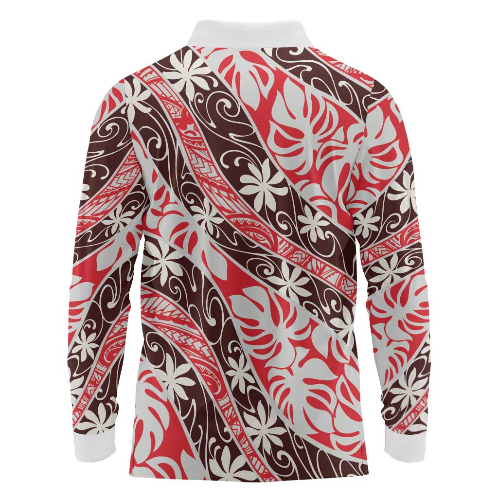 Uteute Tahiti Tiare Monstera Long Sleeve Polo Shirt Polynesian Pattern Curve Style LT01 - Polynesian Pride