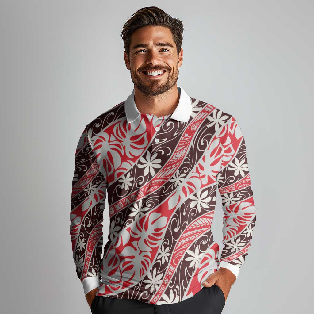 Uteute Tahiti Tiare Monstera Long Sleeve Polo Shirt Polynesian Pattern Curve Style LT01 - Polynesian Pride