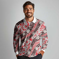 Uteute Tahiti Tiare Monstera Long Sleeve Polo Shirt Polynesian Pattern Curve Style LT01 - Polynesian Pride