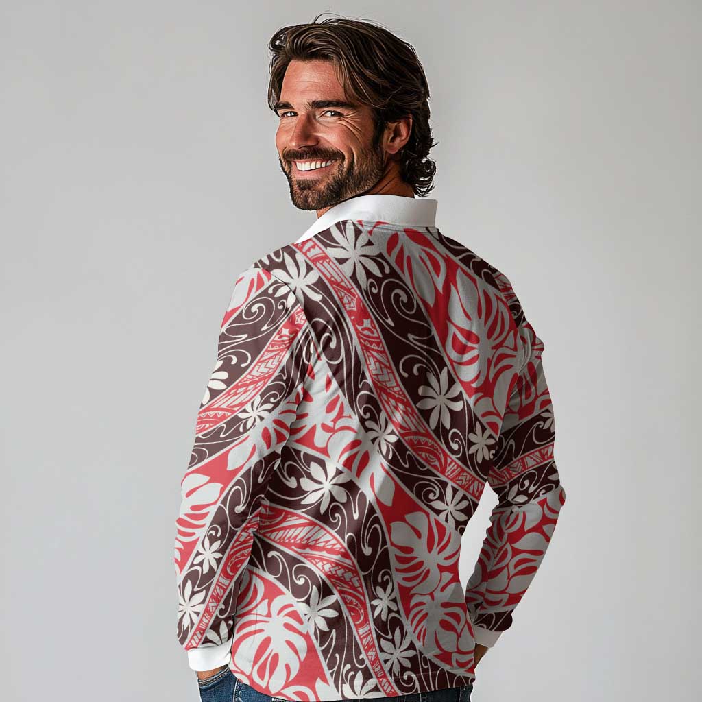 Uteute Tahiti Tiare Monstera Long Sleeve Polo Shirt Polynesian Pattern Curve Style LT01 - Polynesian Pride