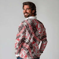 Uteute Tahiti Tiare Monstera Long Sleeve Polo Shirt Polynesian Pattern Curve Style LT01 - Polynesian Pride