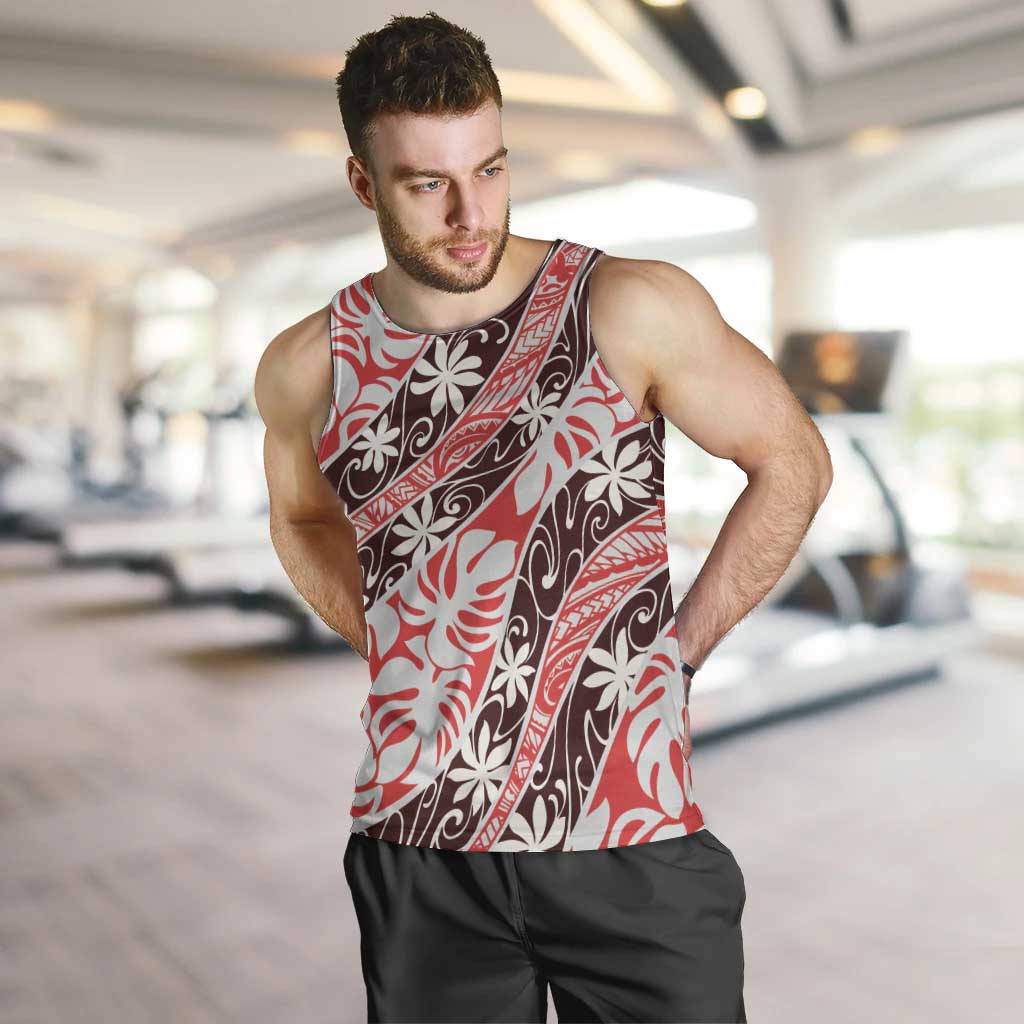 Uteute Tahiti Tiare Monstera Men Tank Top Polynesian Pattern Curve Style LT01 Red - Polynesian Pride