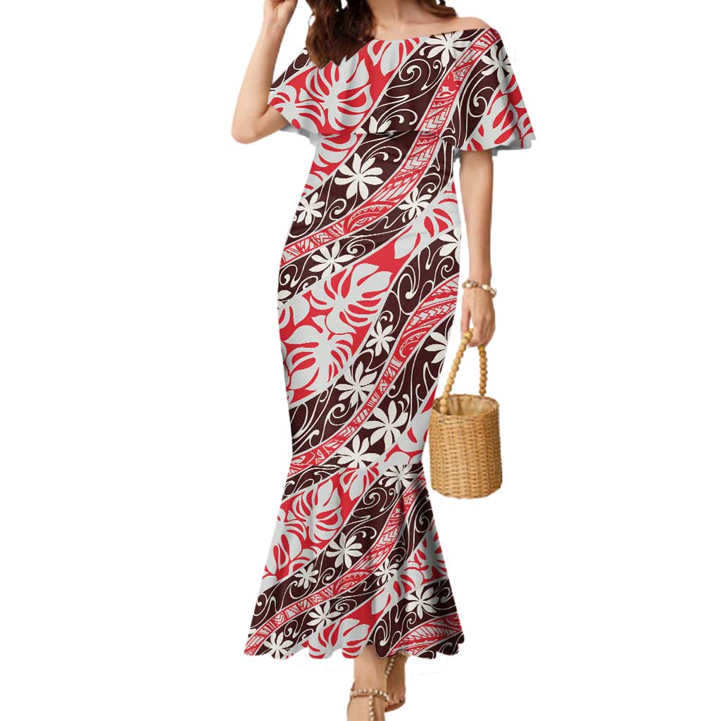 Uteute Tahiti Tiare Monstera Mermaid Dress Polynesian Pattern Curve Style LT01 Women Red - Polynesian Pride