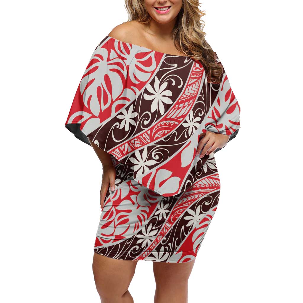 Uteute Tahiti Tiare Monstera Off Shoulder Short Dress Polynesian Pattern Curve Style LT01 Women Red - Polynesian Pride